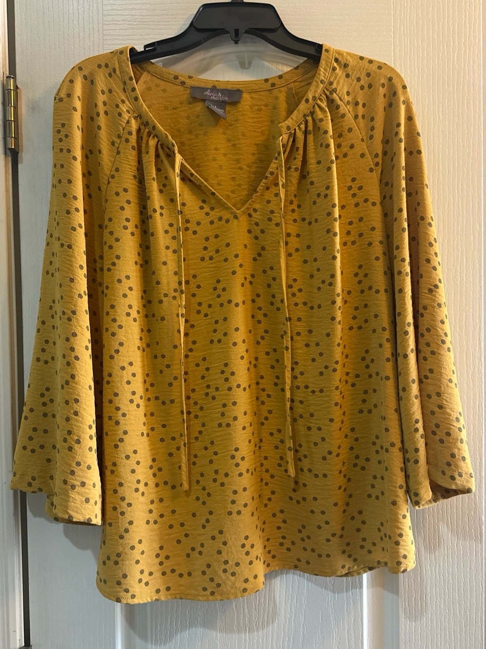 Olivia & Martin Women's Mustard Polka-Dot Tie-Neck Blouse